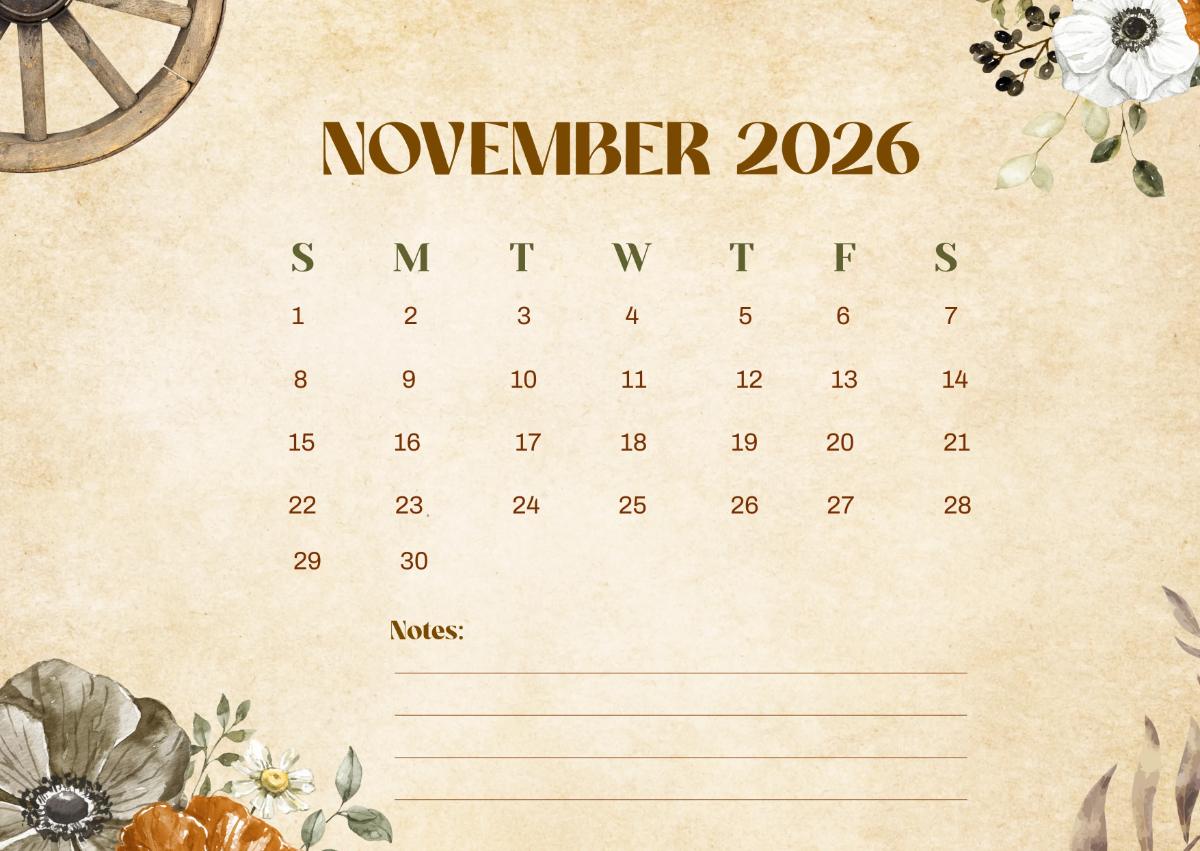 Free Rustic November 2026 Calendar to Edit Online