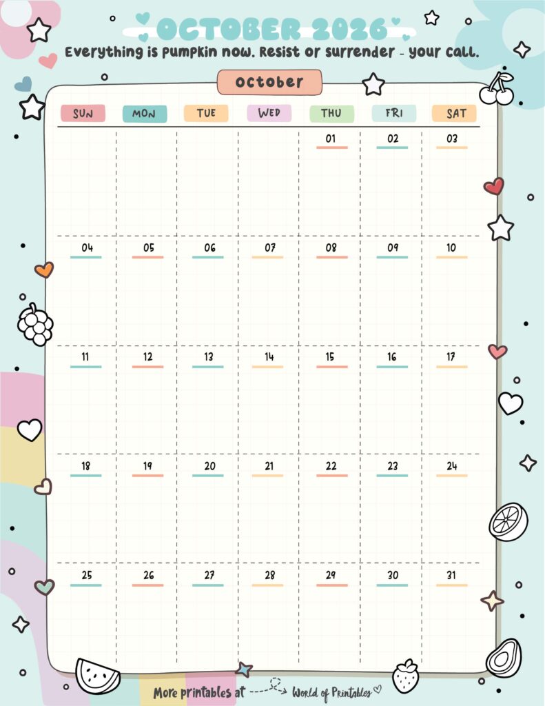 Free Printable October 2026 Calendars (Designs)