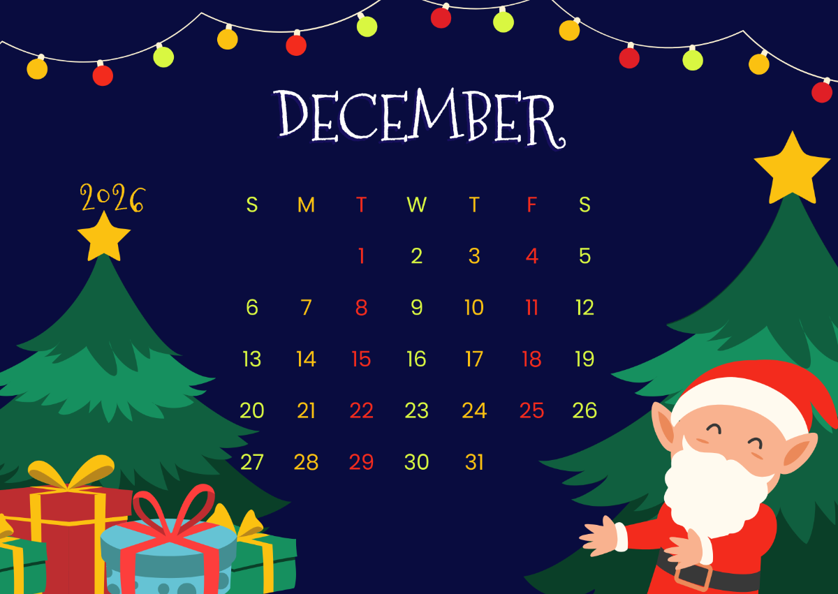 Free Colorful December 2026 Calendar for Kids to Edit Online