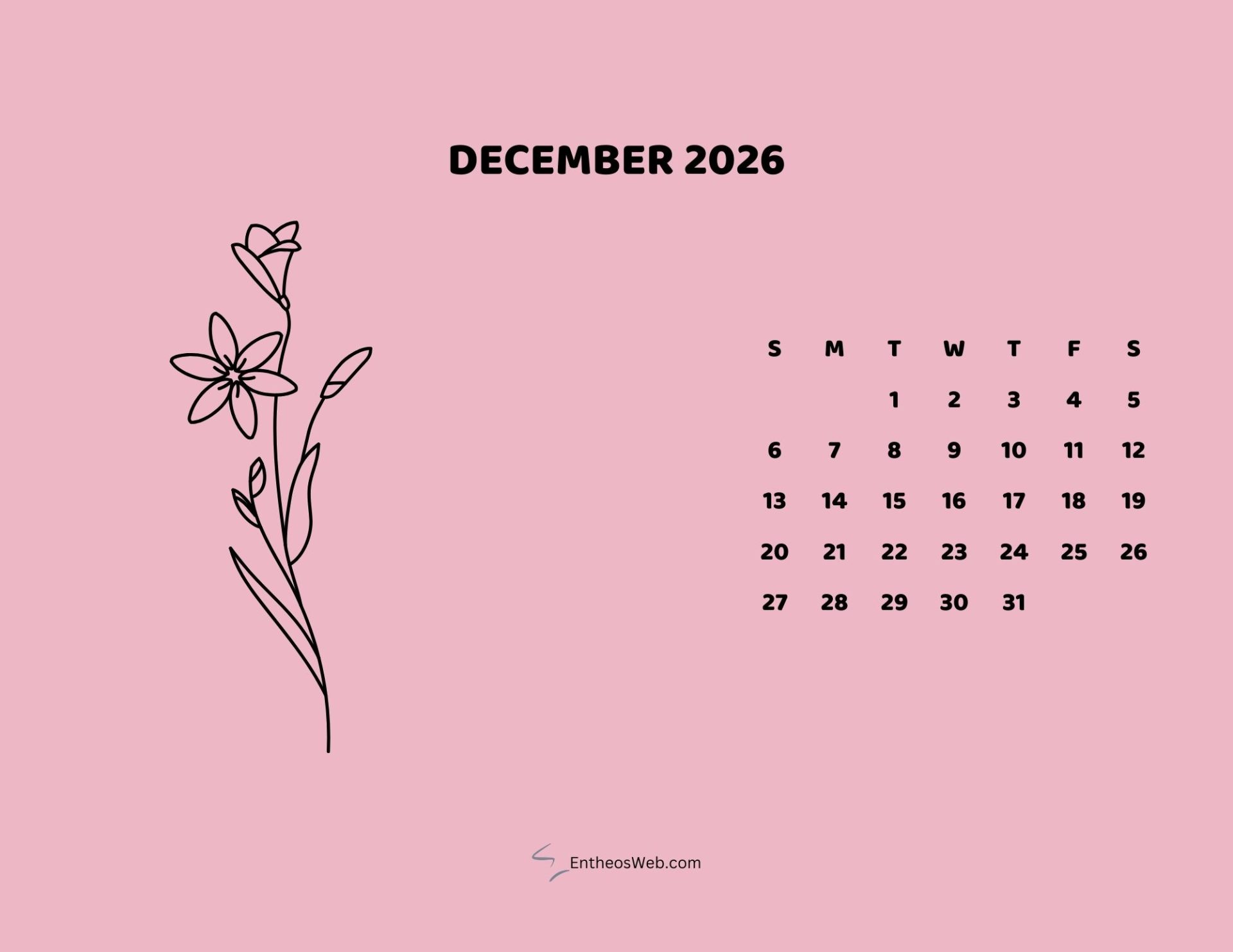 Free Printable December 2026 Calendars