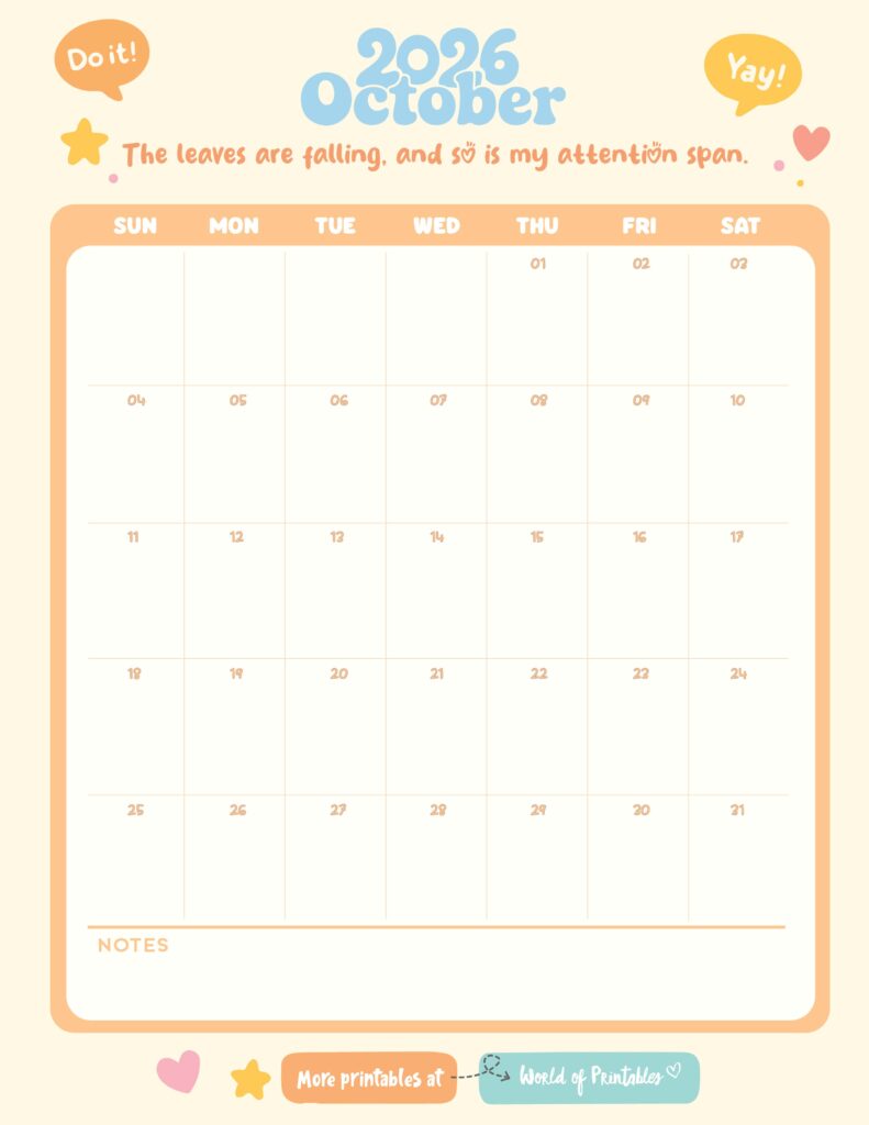 Free Printable October 2026 Calendars (Designs)