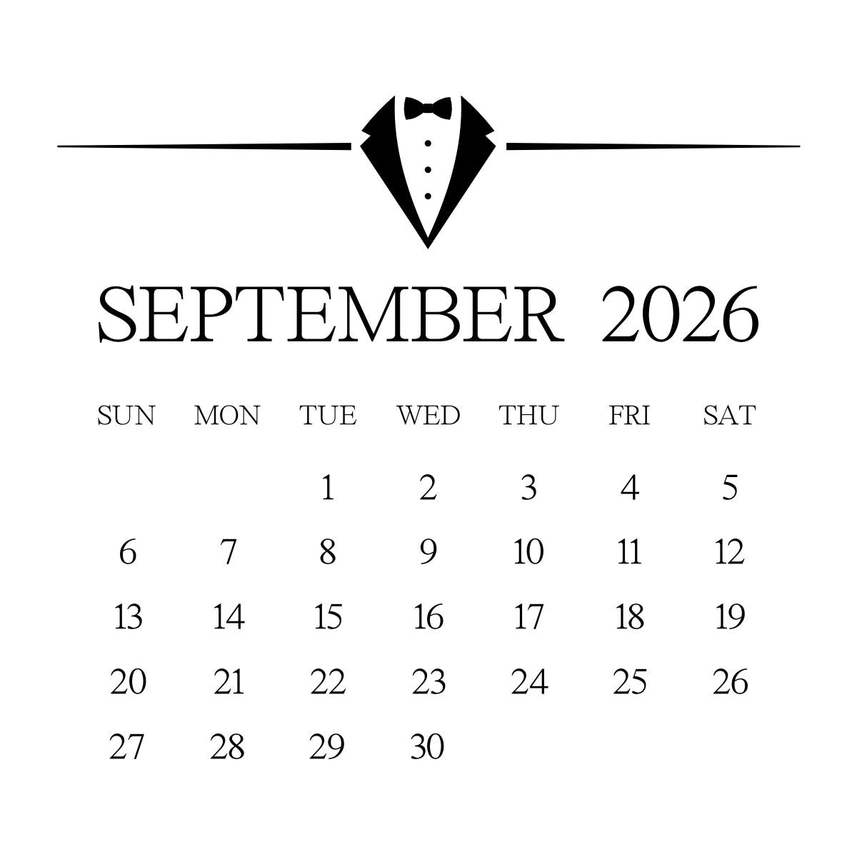 September 2026 Calendar Printable: Square Wedding Save The Date (digital Download PNG File)