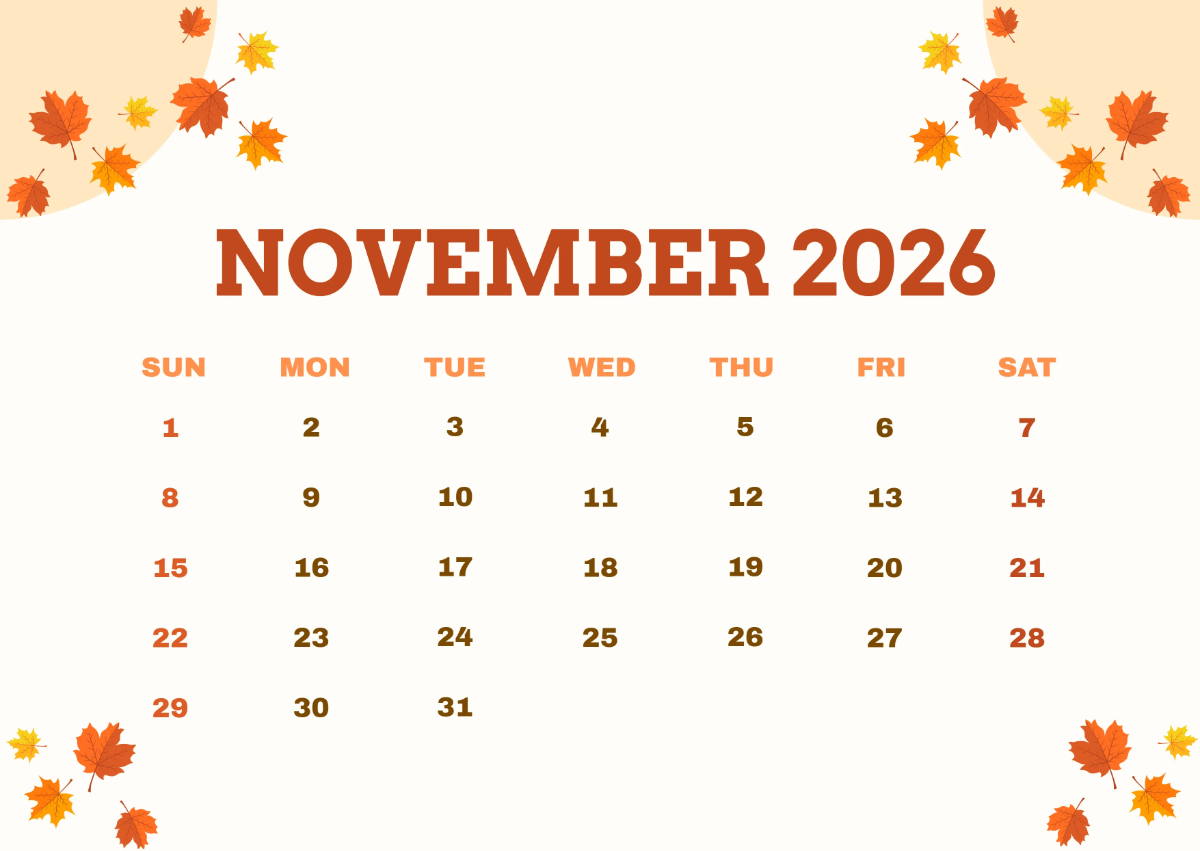 Free Autumn November 2026 Calendar to Edit Online