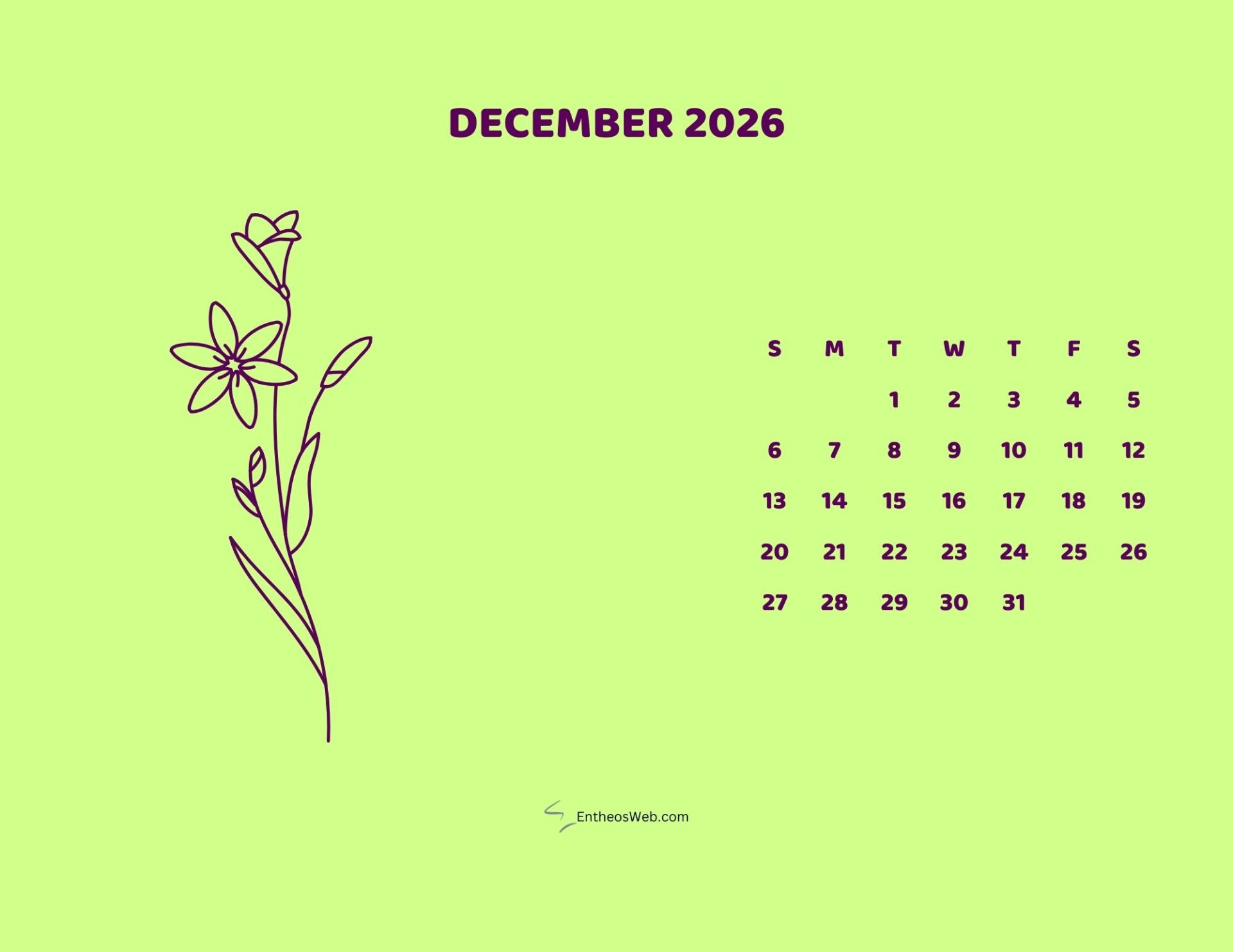 Free Printable December 2026 Calendars