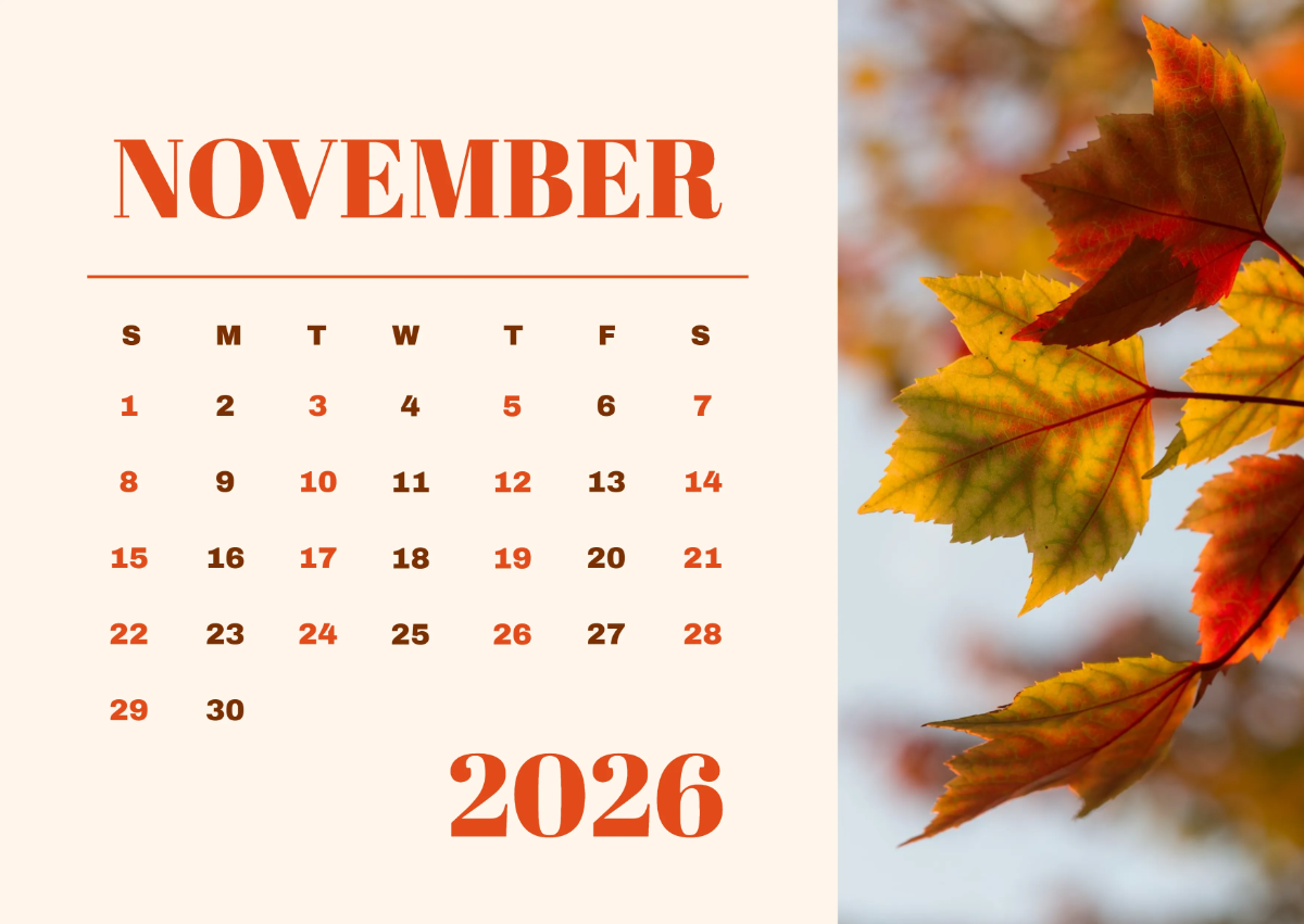 Free November 2026 Leaves Calendar to Edit Online