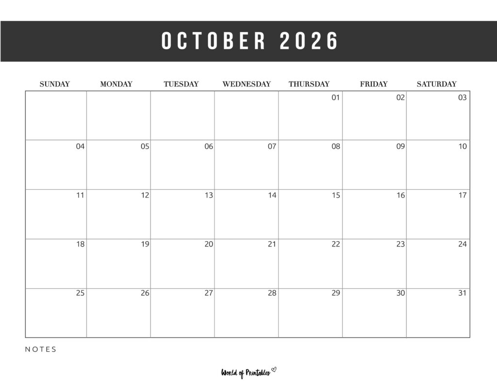 Free Printable October 2026 Calendars (Designs)