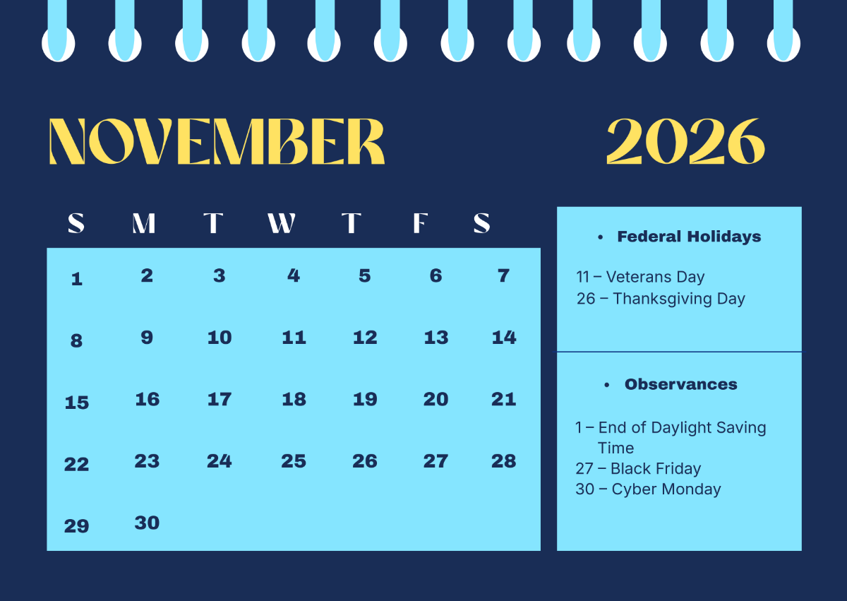 Free November 2026 Calendar with Federal Holidays to Edit Online
