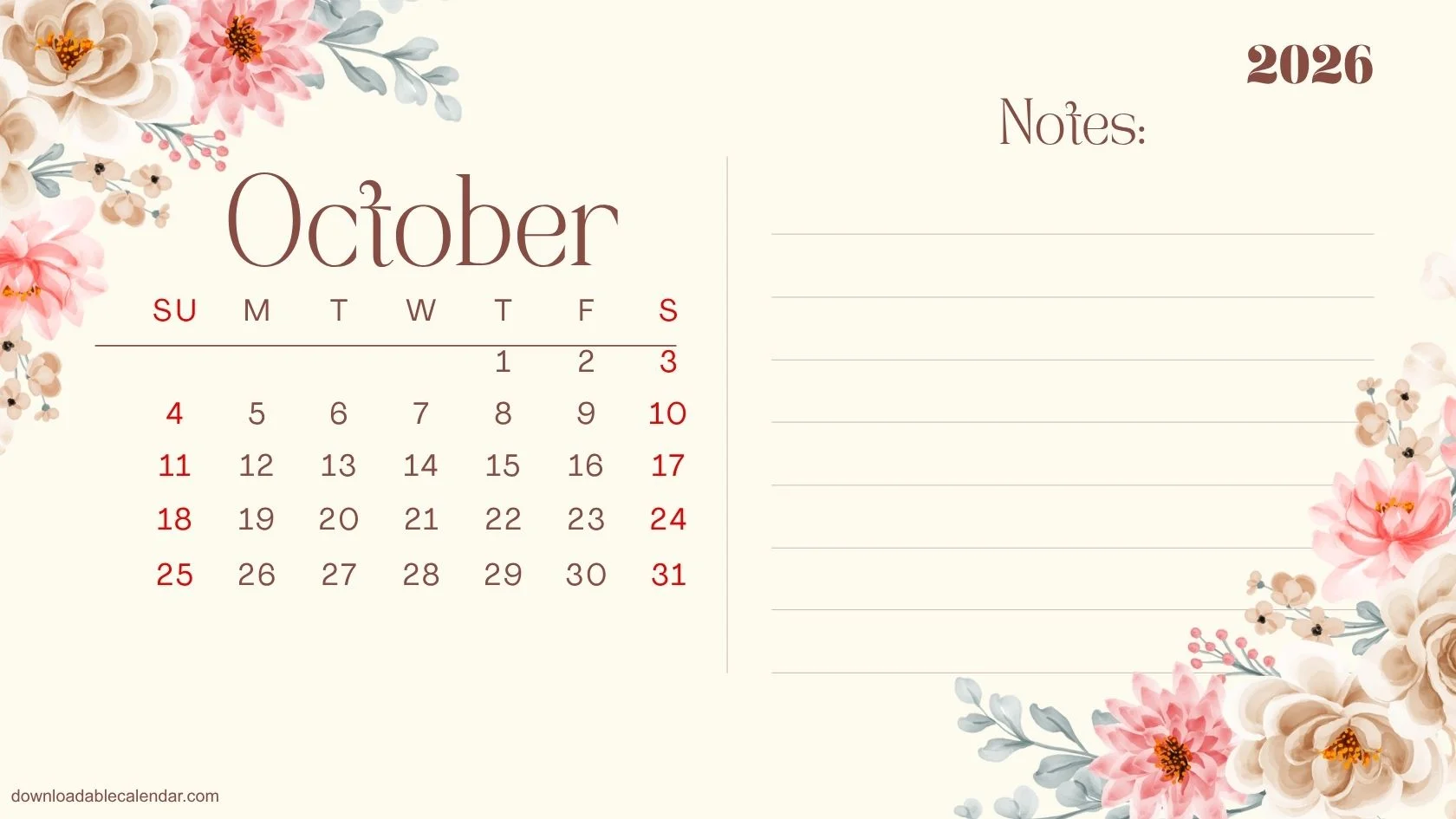 Floral Calendar Printable 2026, Plan, Write and Bloom