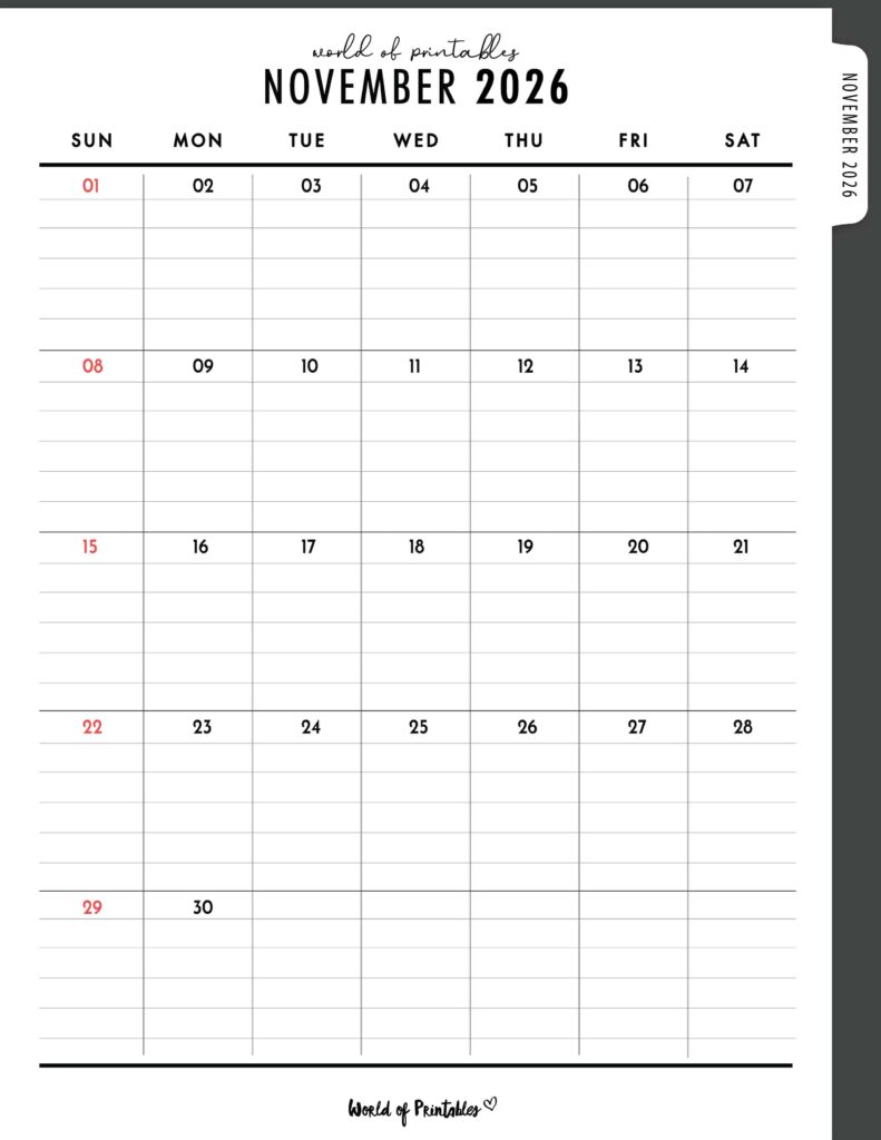 Free Printable November 2026 Calendars (Designs)