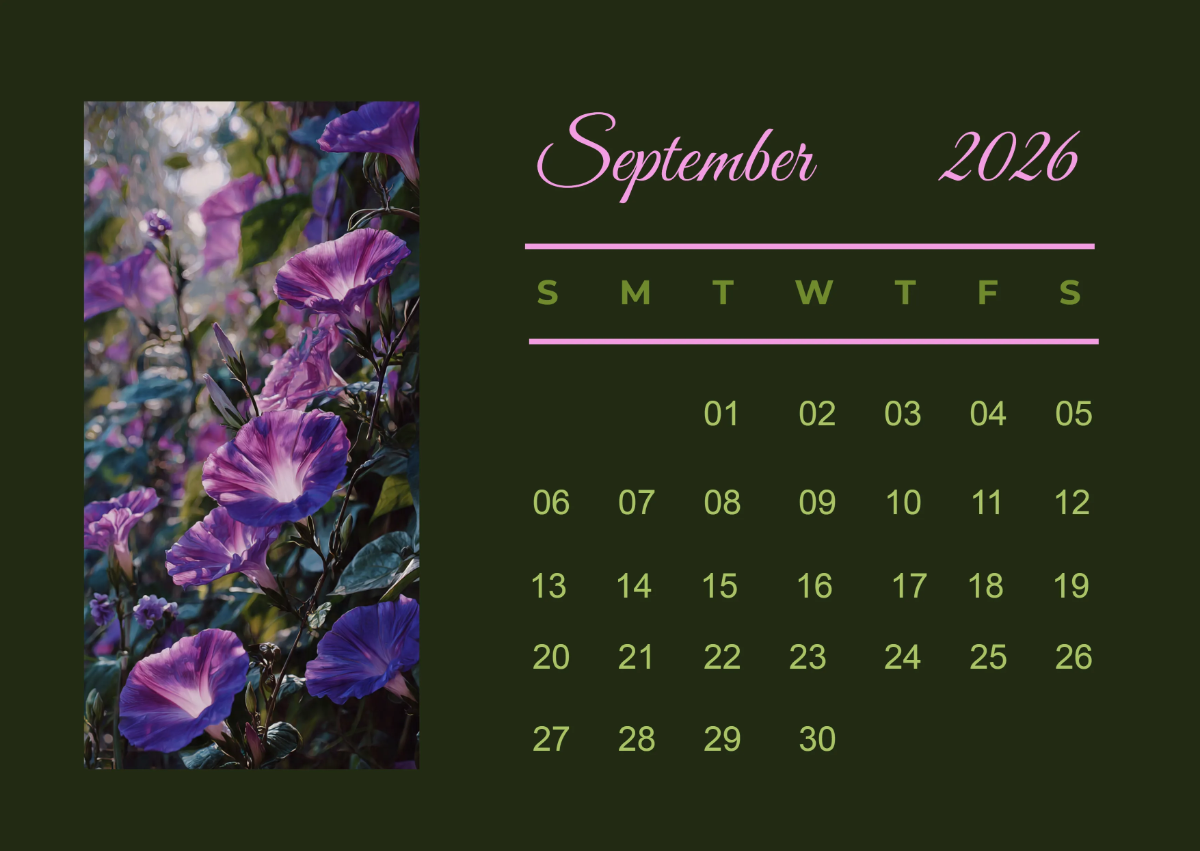 Free Morning Glory September 2026 Calendar to Edit Online
