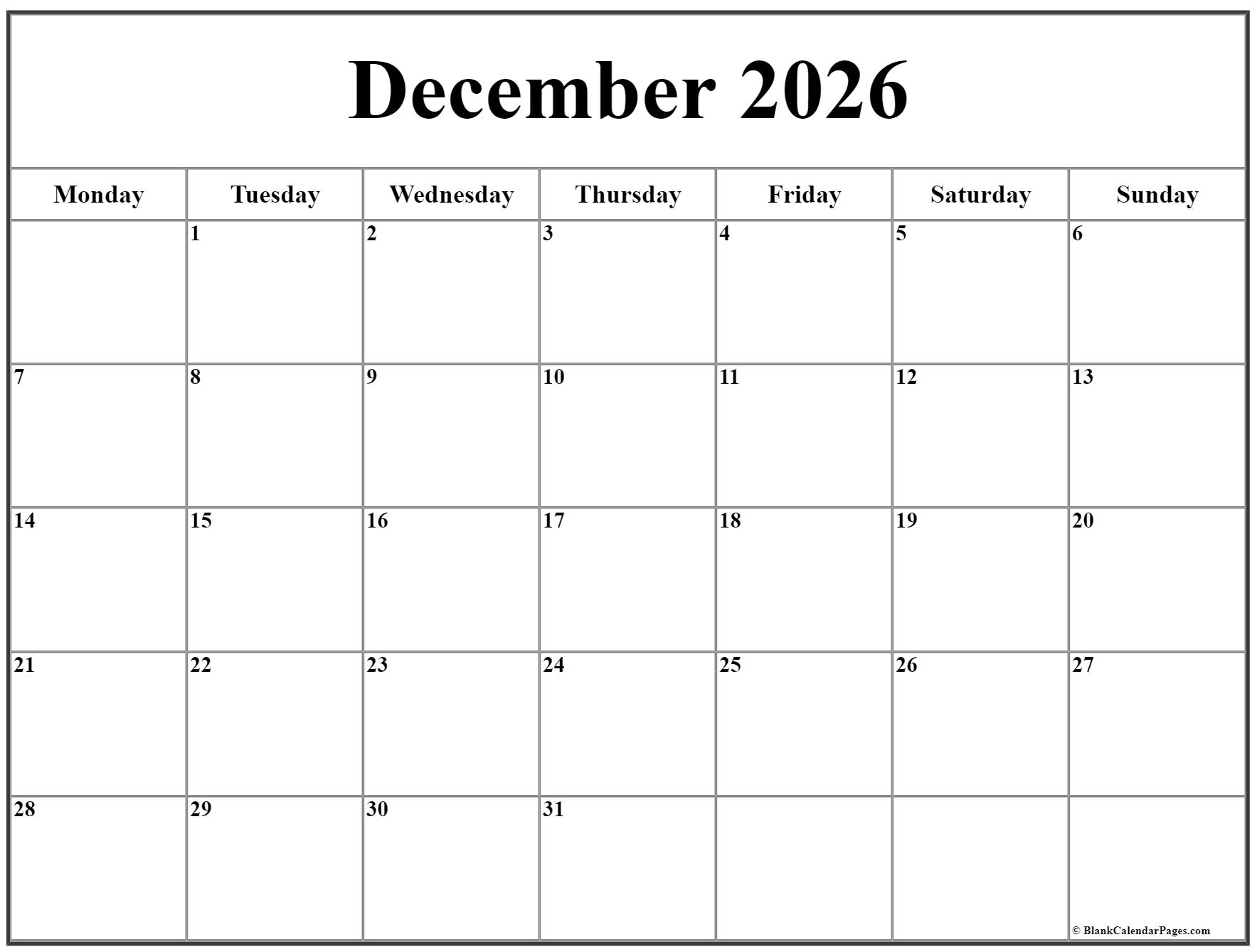 December 2026 Monday Calendar. Monday to Sunday