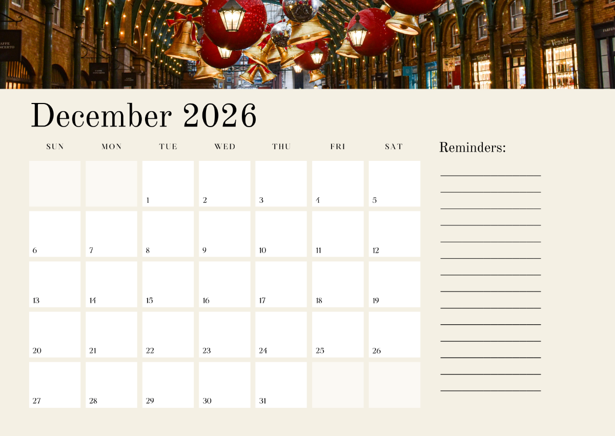 Free Sunday Start December 2026 Editable Calendar to Edit Online