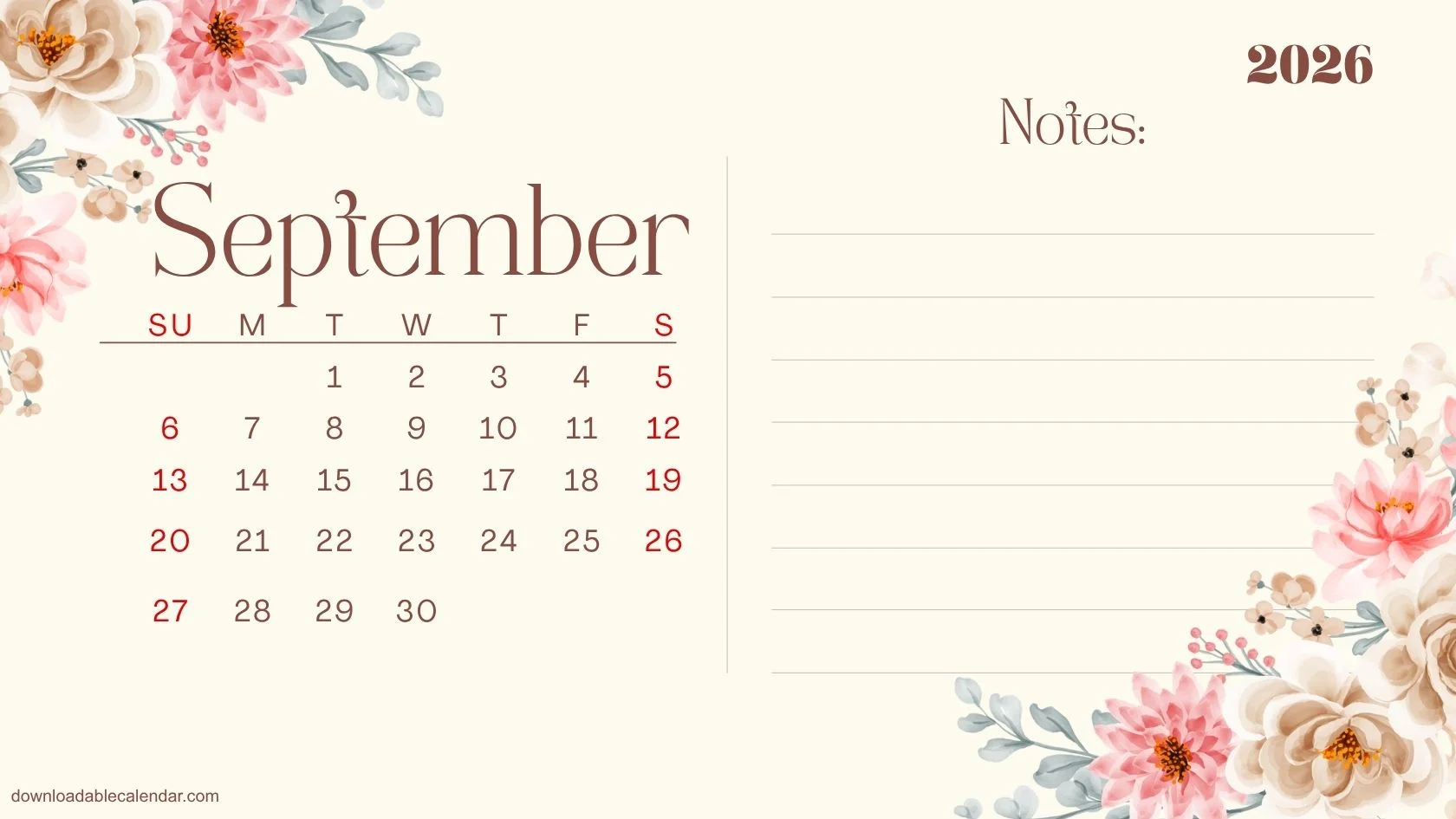 Floral Calendar Printable 2026, Plan, Write and Bloom