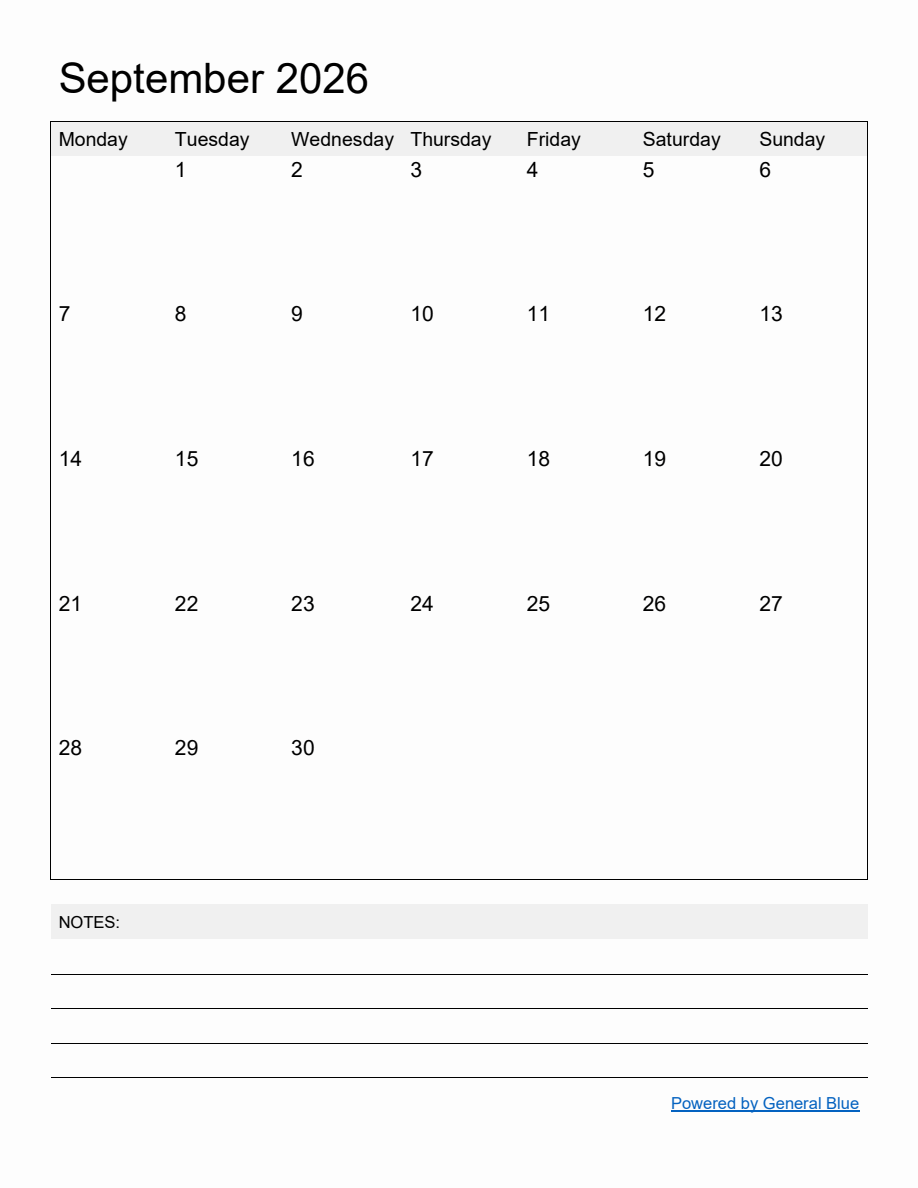 Free Printable Monthly Calendar for September 2026