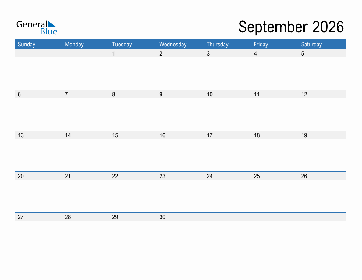 September 2026 Monthly Calendar (PDF, Word, Excel)