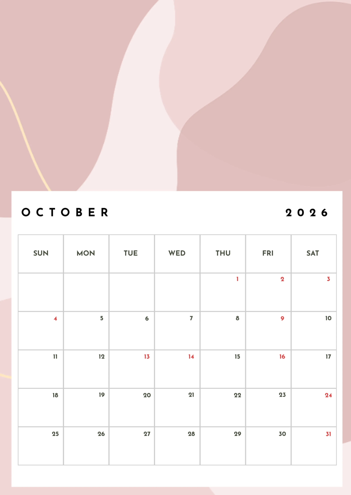 Free October 2026 Fillable Calendar to Edit Online
