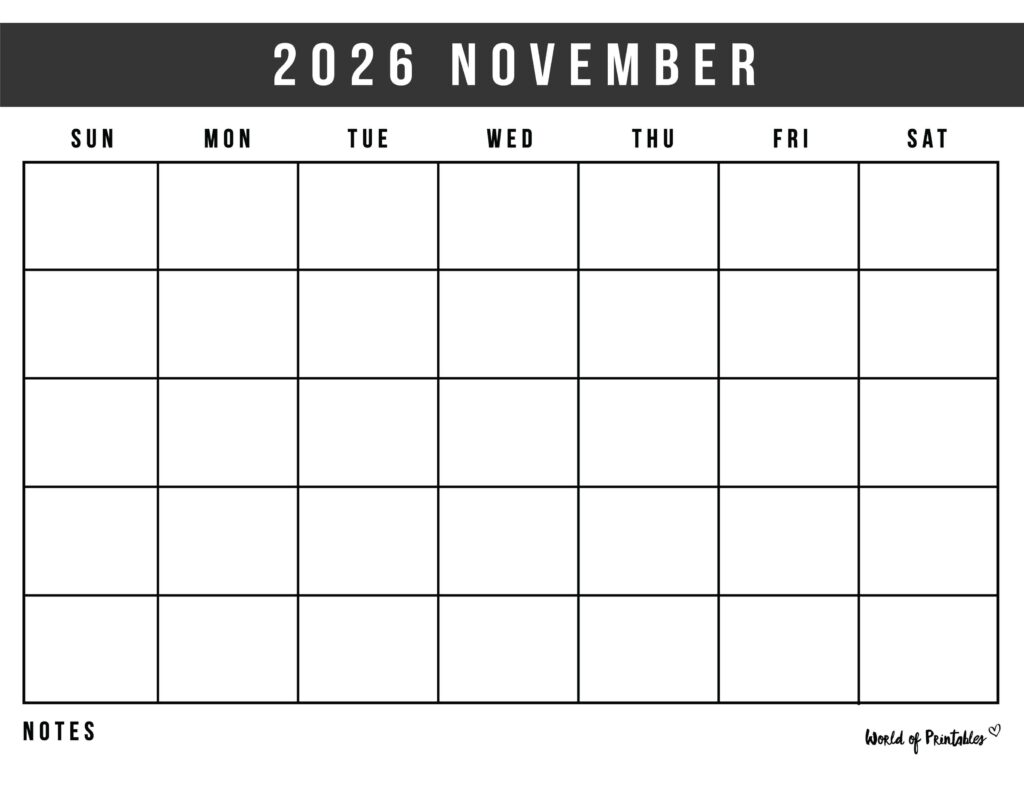 Free Printable November 2026 Calendars (Designs)