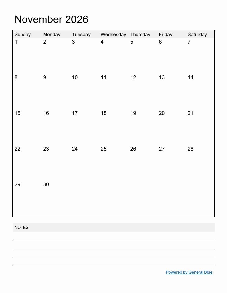 Free Printable Monthly Calendar for November 2026