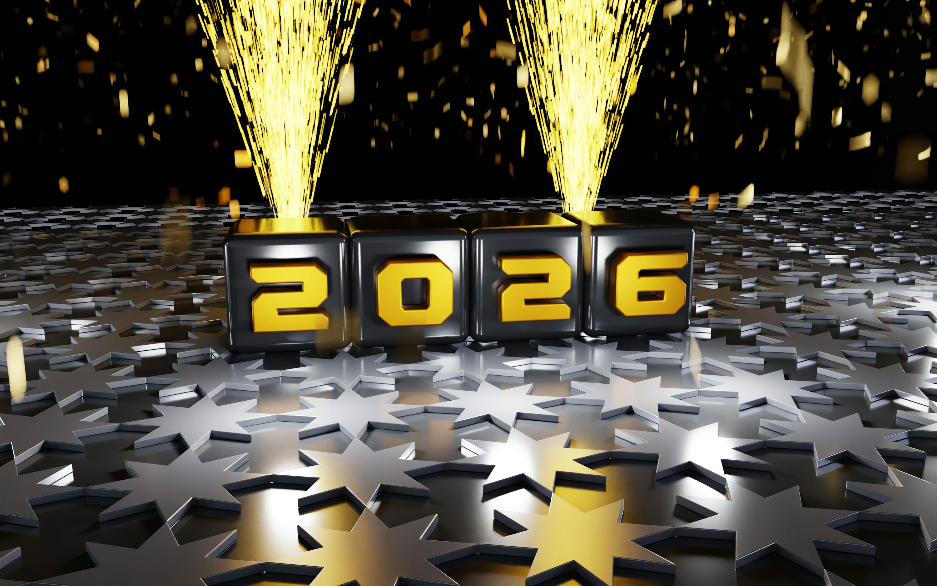 The year 2026 displayed with golden fireworks. photo