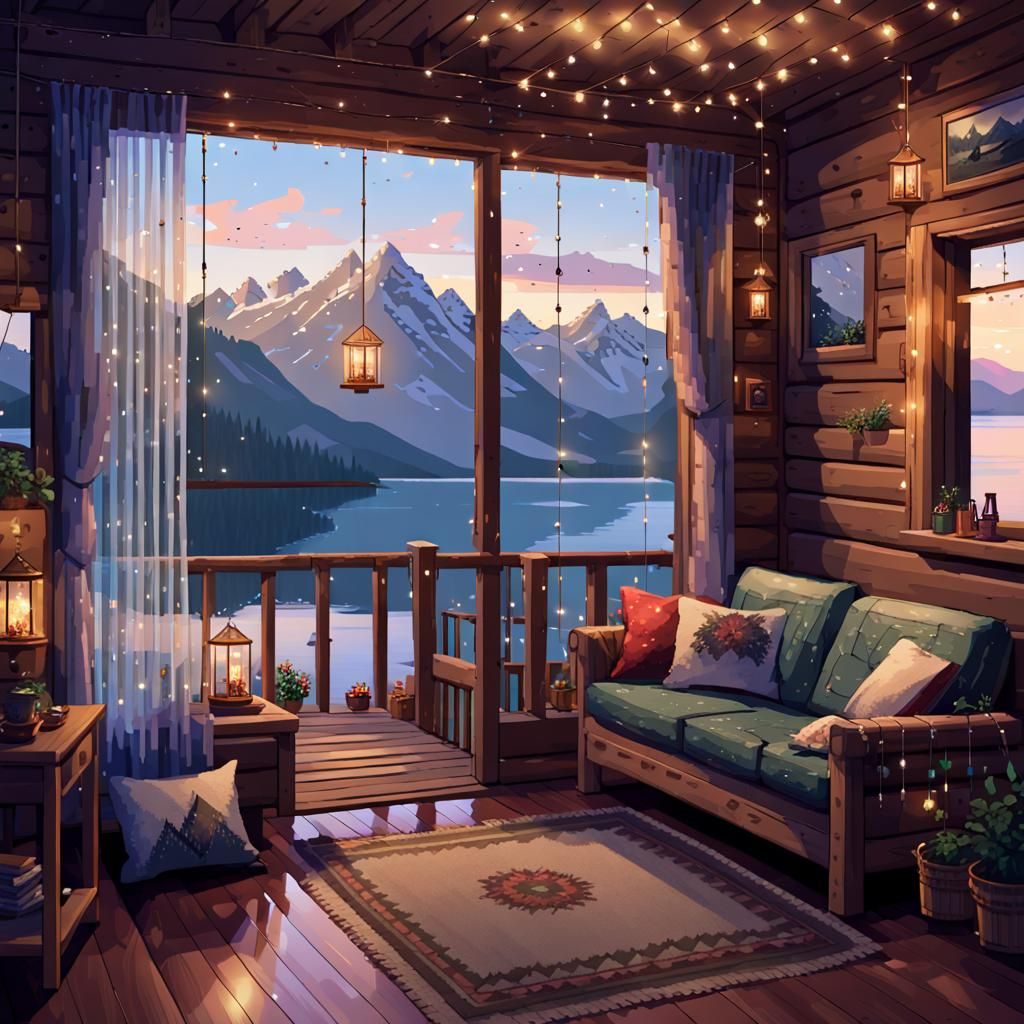 A Cabin on The Lake Cabin Living Room in Pixel Art