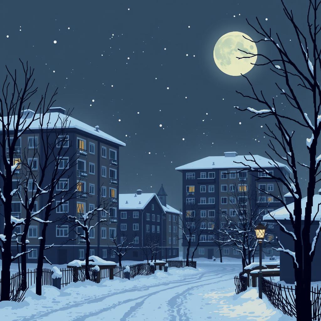 Dark Winter Evening in Russia. Pixel Art Scene