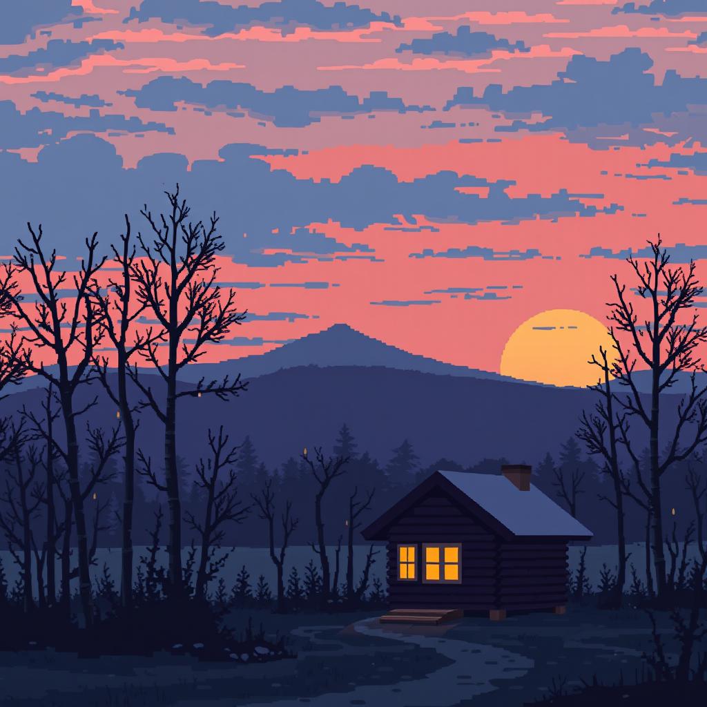 Dark Winter Evening in Russia. Pixel Art Scene