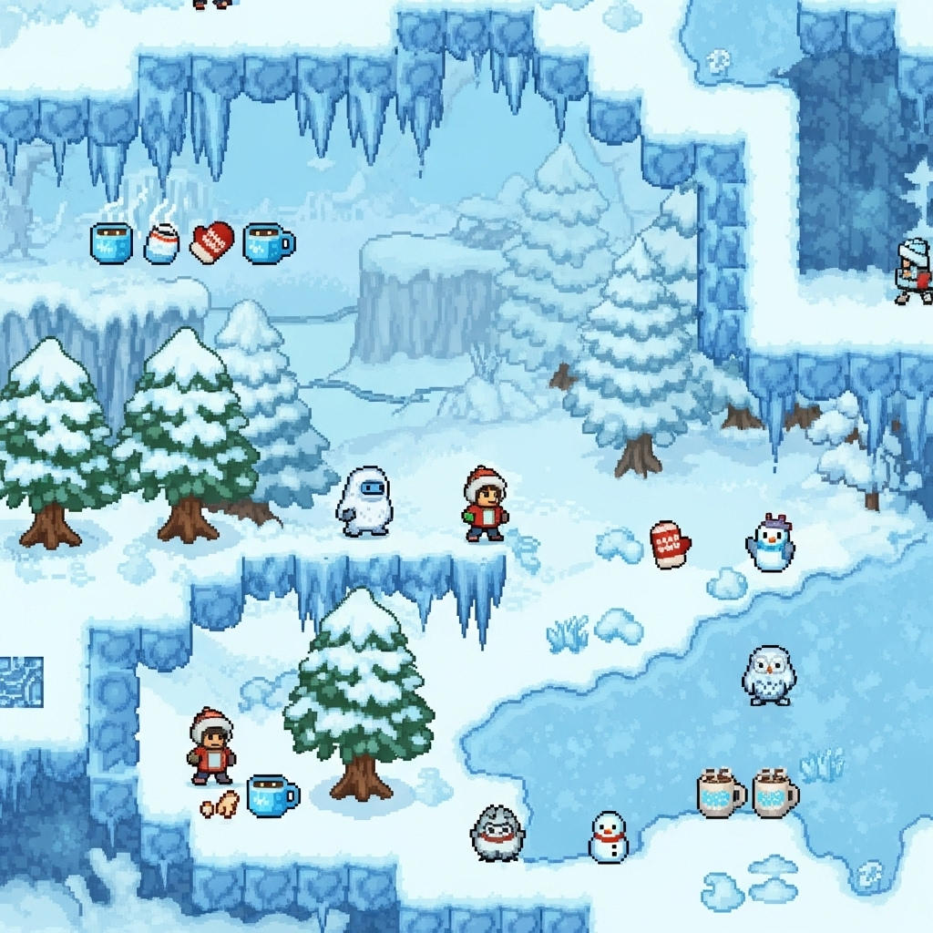 Snowy 2D Pixel Art Game Design Mario Style. AI Art Generator. Easy Peasy.AI
