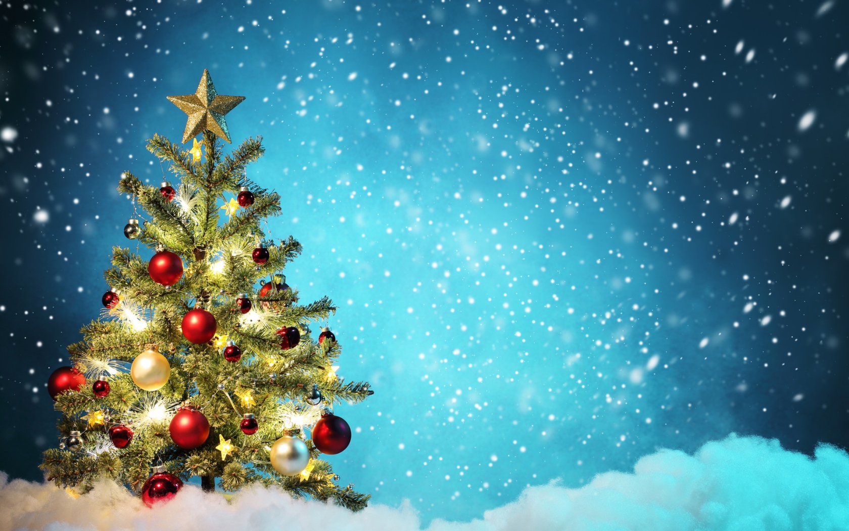 Beautiful Christmas tree with a variety of toys in snowy weather on Christmas Desktop wallpaper 1680x1050