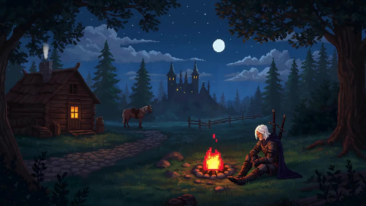 Animated Background. Pixel Art Knight. Campfire. Moonlit Forest. Distant Castle. MP4 Digital Download for Streaming