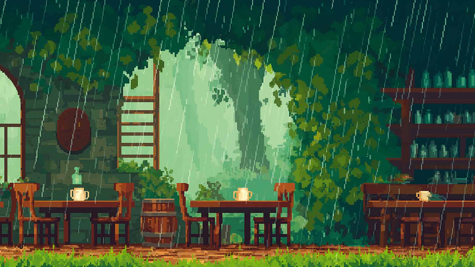 Pixel Art Rainy Cafe Interior Desktop Wallpaper