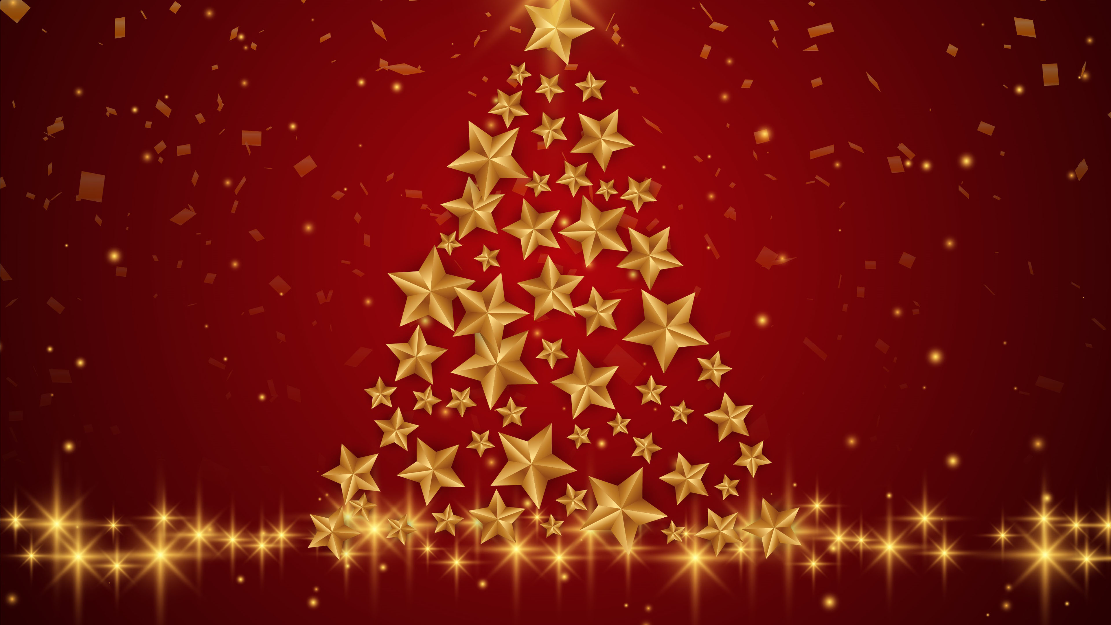 Golden Stars Glitter Christmas Tree Red Background 4K HD Christmas Wallpaper