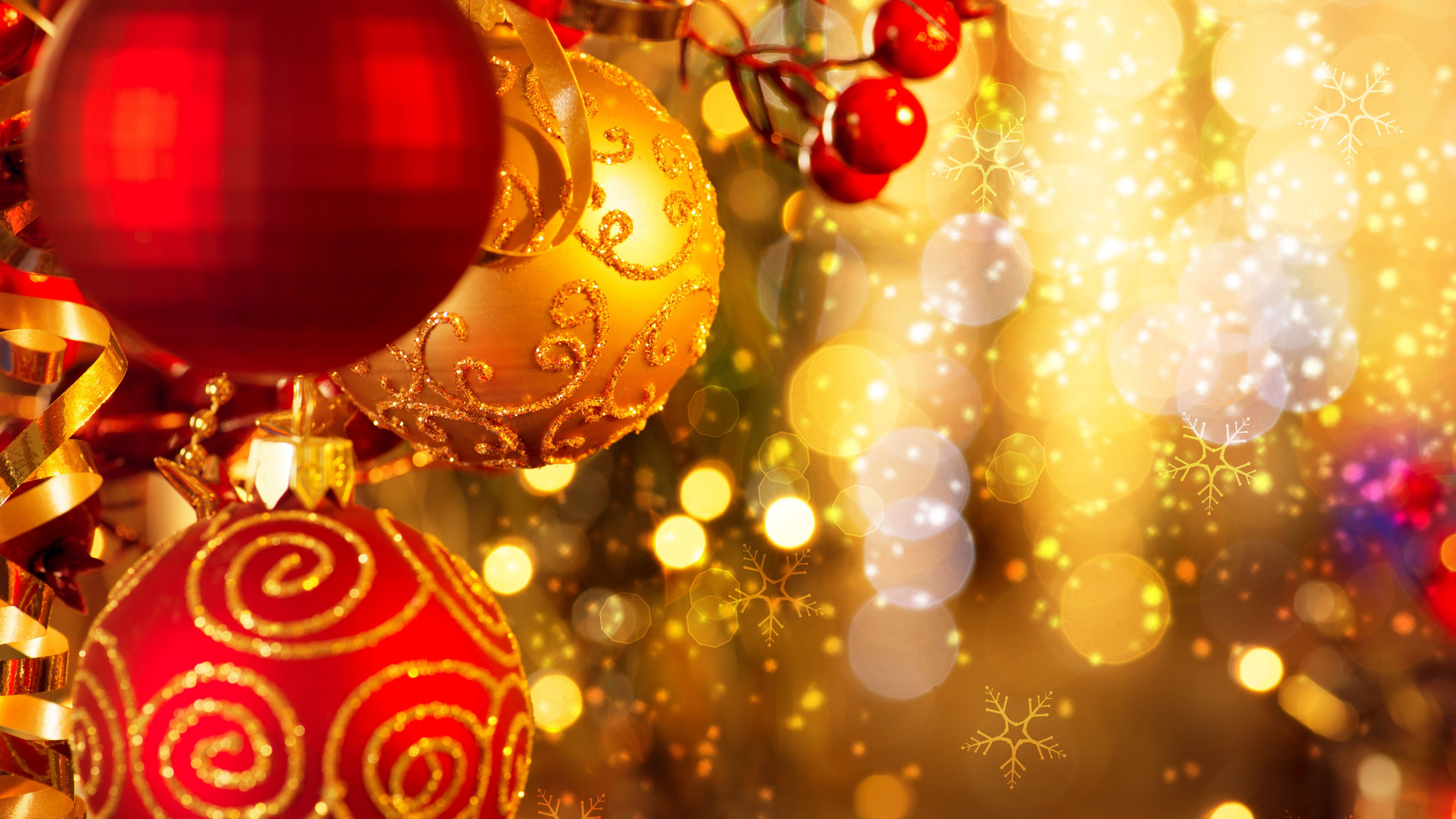 Red Golden Glitter Christmas Decoration Balls Lights Bokeh Background 4K HD Christmas Wallpaper