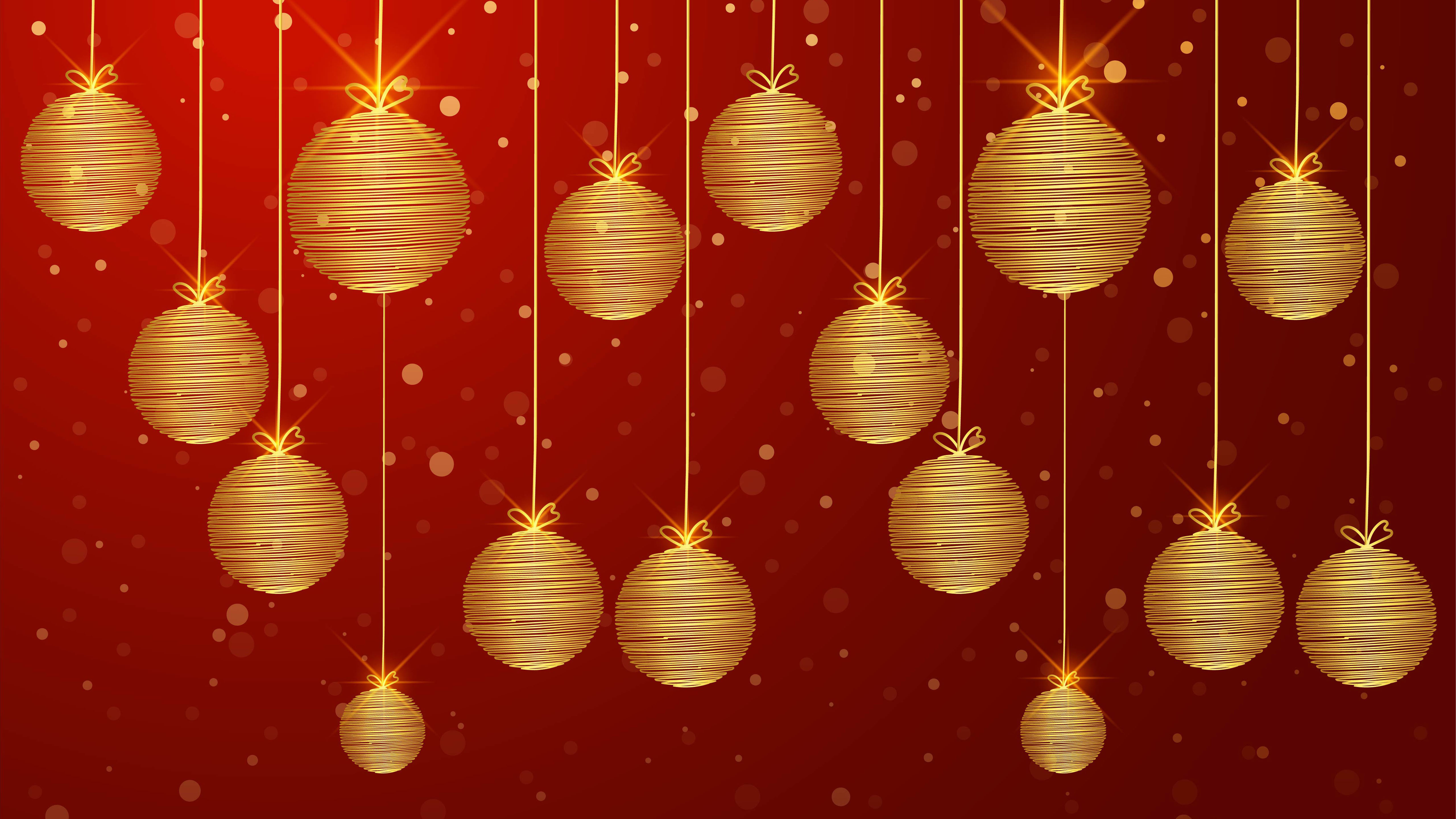 Golden Christmas Decoration Balls Red Background 4K 5K HD Christmas Wallpaper
