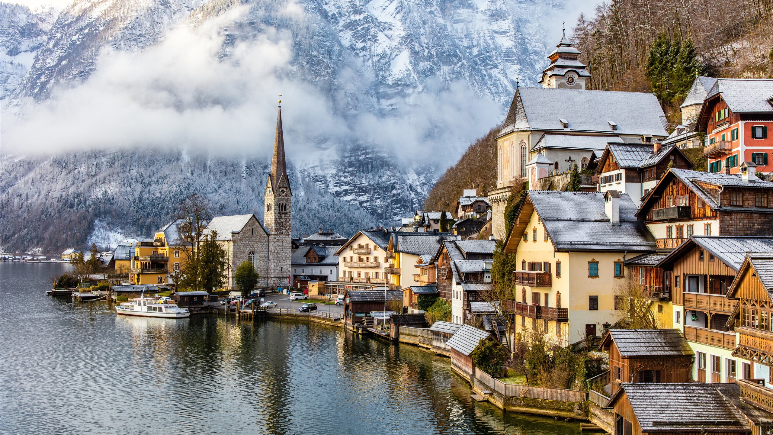 Wallpaper Travel to Hallstatt, Austria, mountains, alps, houses, fogs, trees, snow, winter 3840x2160 UHD 4K Picture, Image