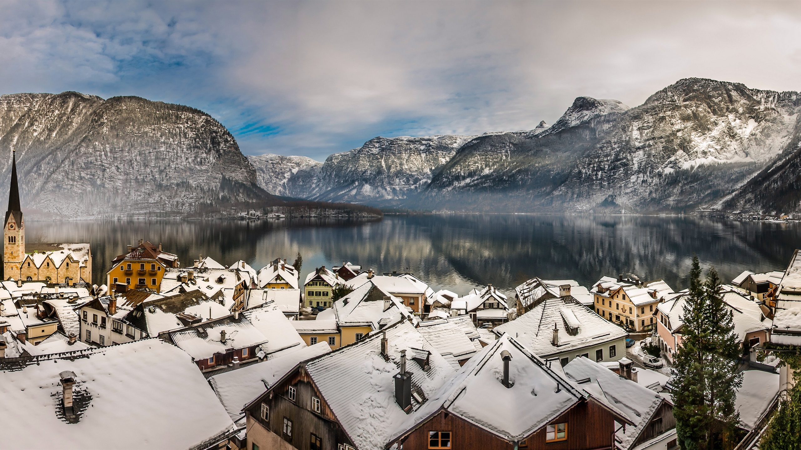 Wallpaper Austria, Hallstatt, Alps, mountains, lake, winter, snow, houses, roof 3840x1200 Multi Monitor Panorama Picture, Image