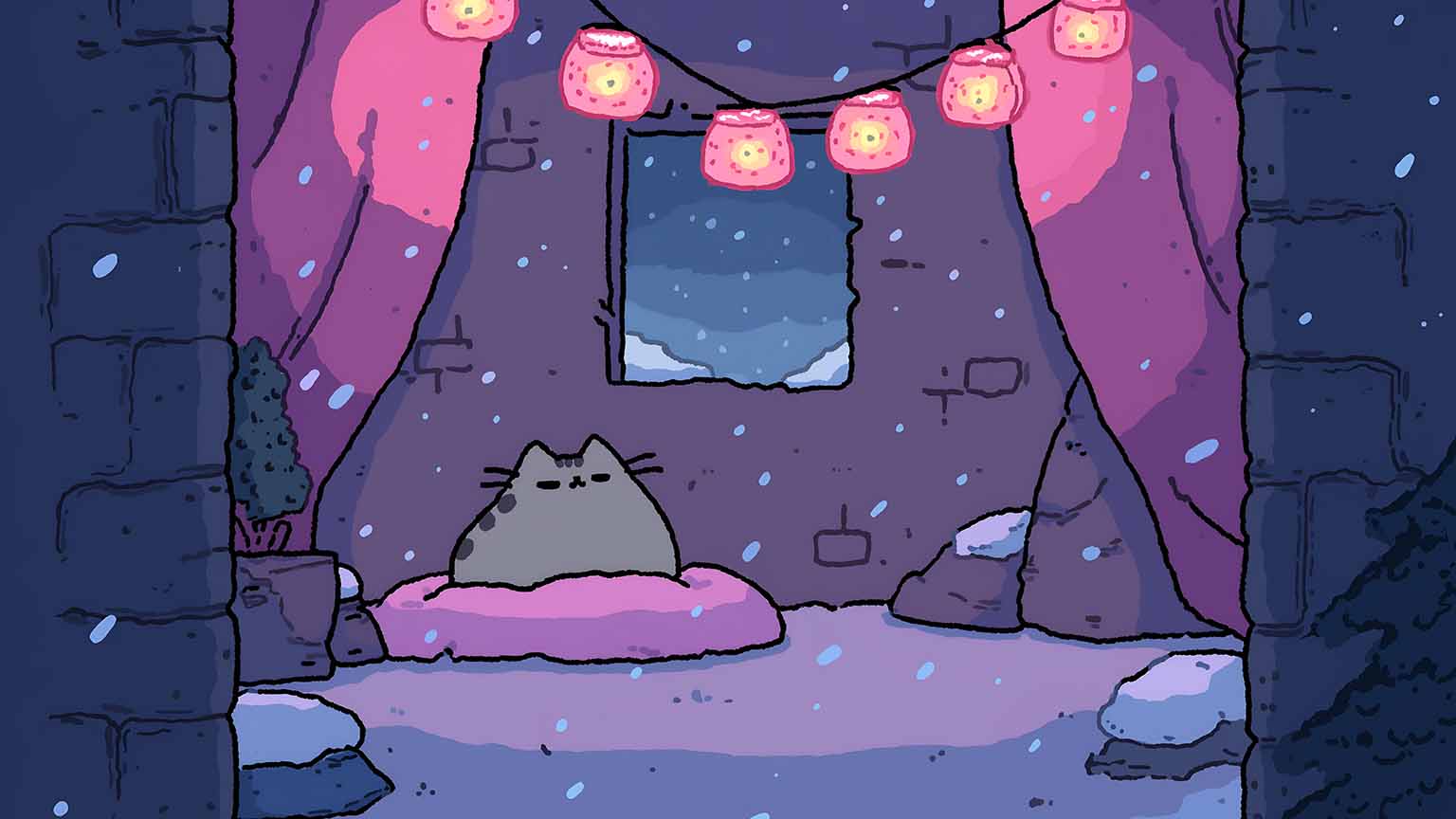 Pusheen Cat Cozy Winter Desktop Wallpaper