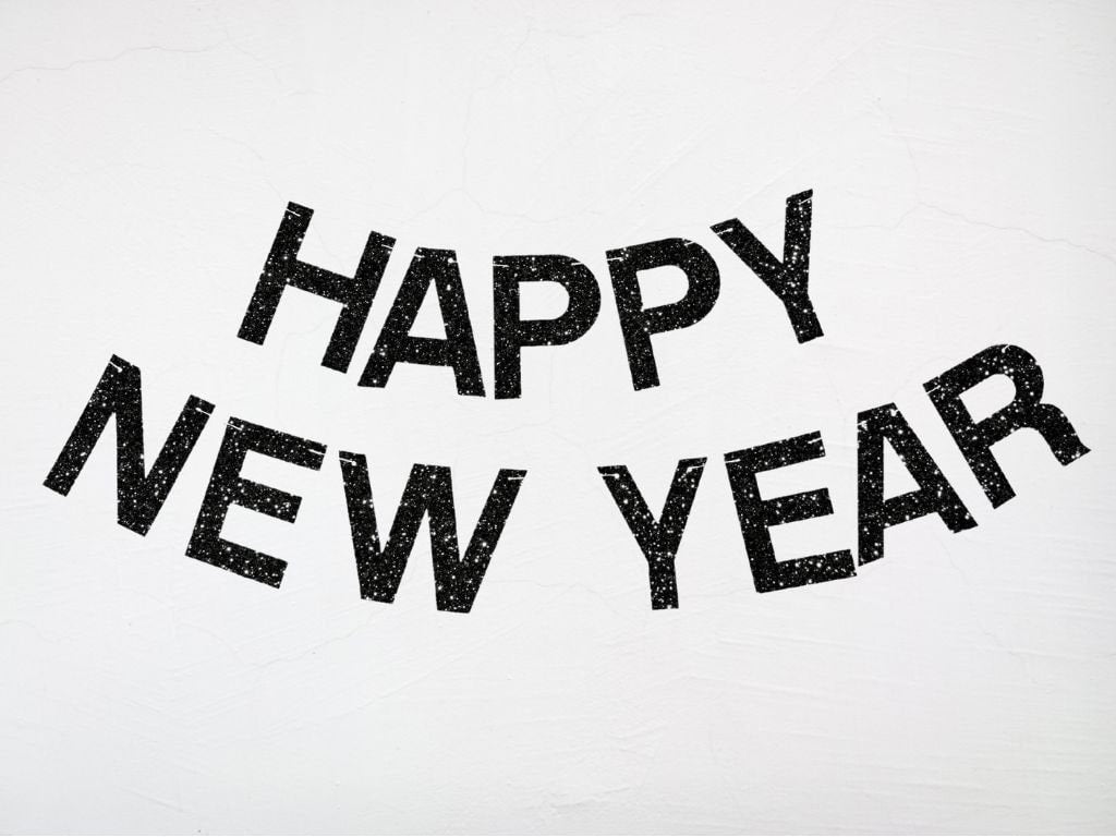 Happy New Year Glitter Banner. Black Glitter New Years Eve Sign
