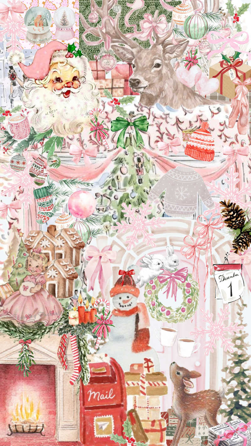 Aesthetic Christmas Collage Phone Wallpaper, Cozy Cottagecore Pink Holiday