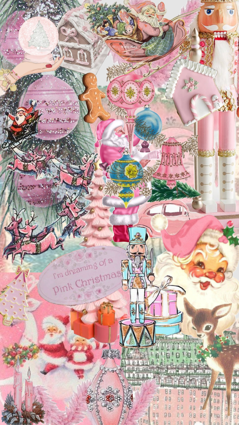 Aesthetic Christmas Collage Phone Wallpaper, Vintage Pink Glam Collage