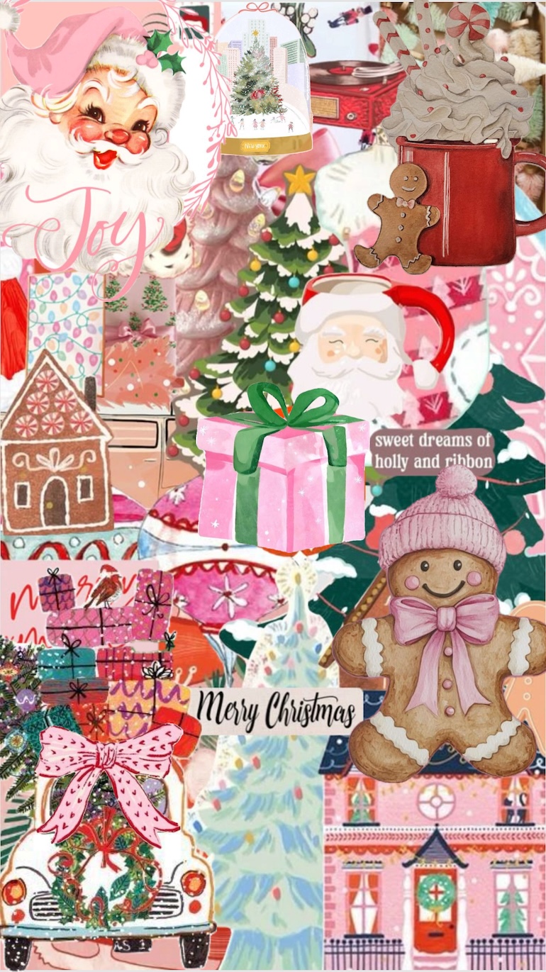 Pink Aesthetic Christmas Collage Wallpaper for iPhone & Phone Background