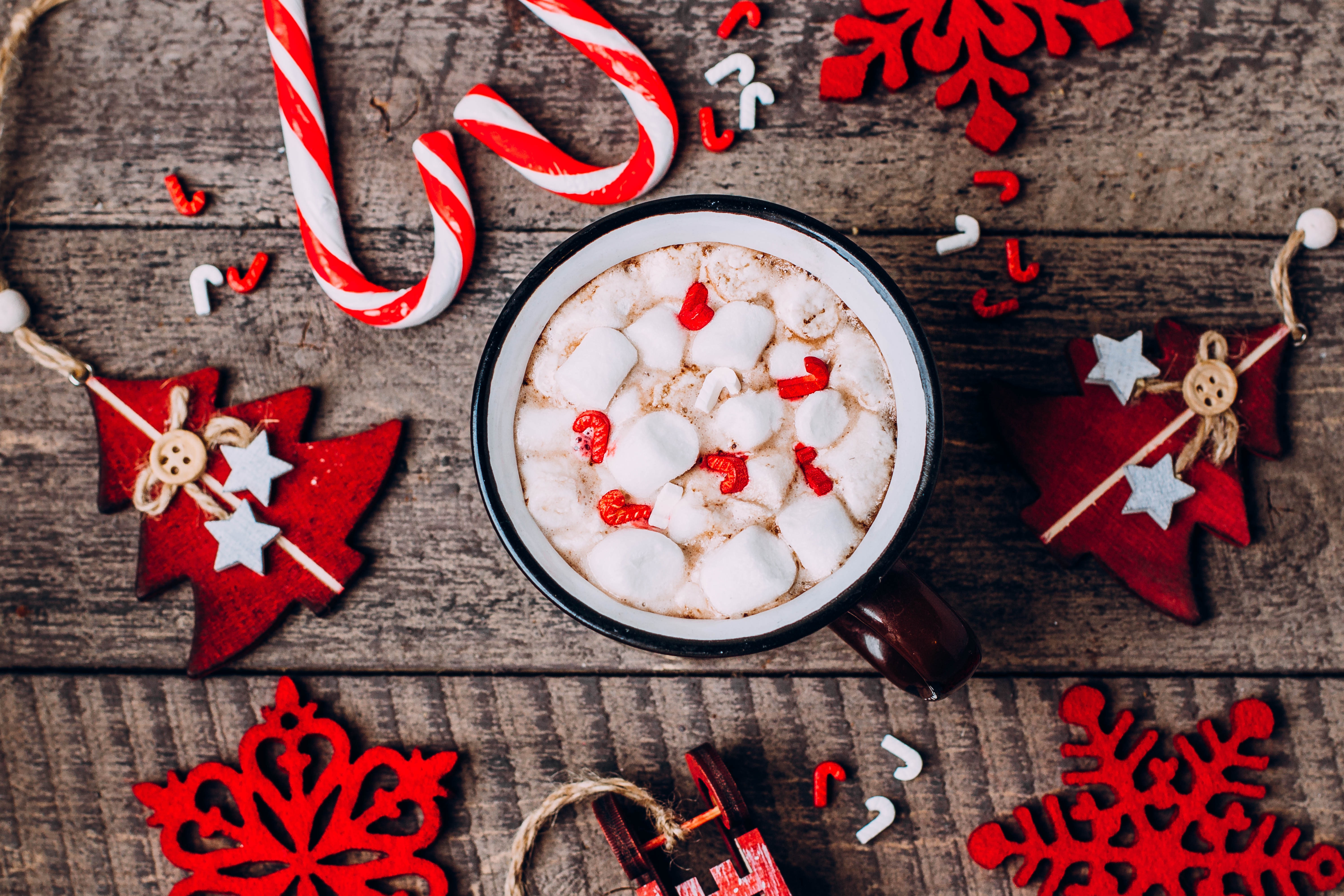Wallpaper Christmas Chocolate Cup, Hot Chocolate, Candy Cane, Coffee, Breakfast, Background Free Image