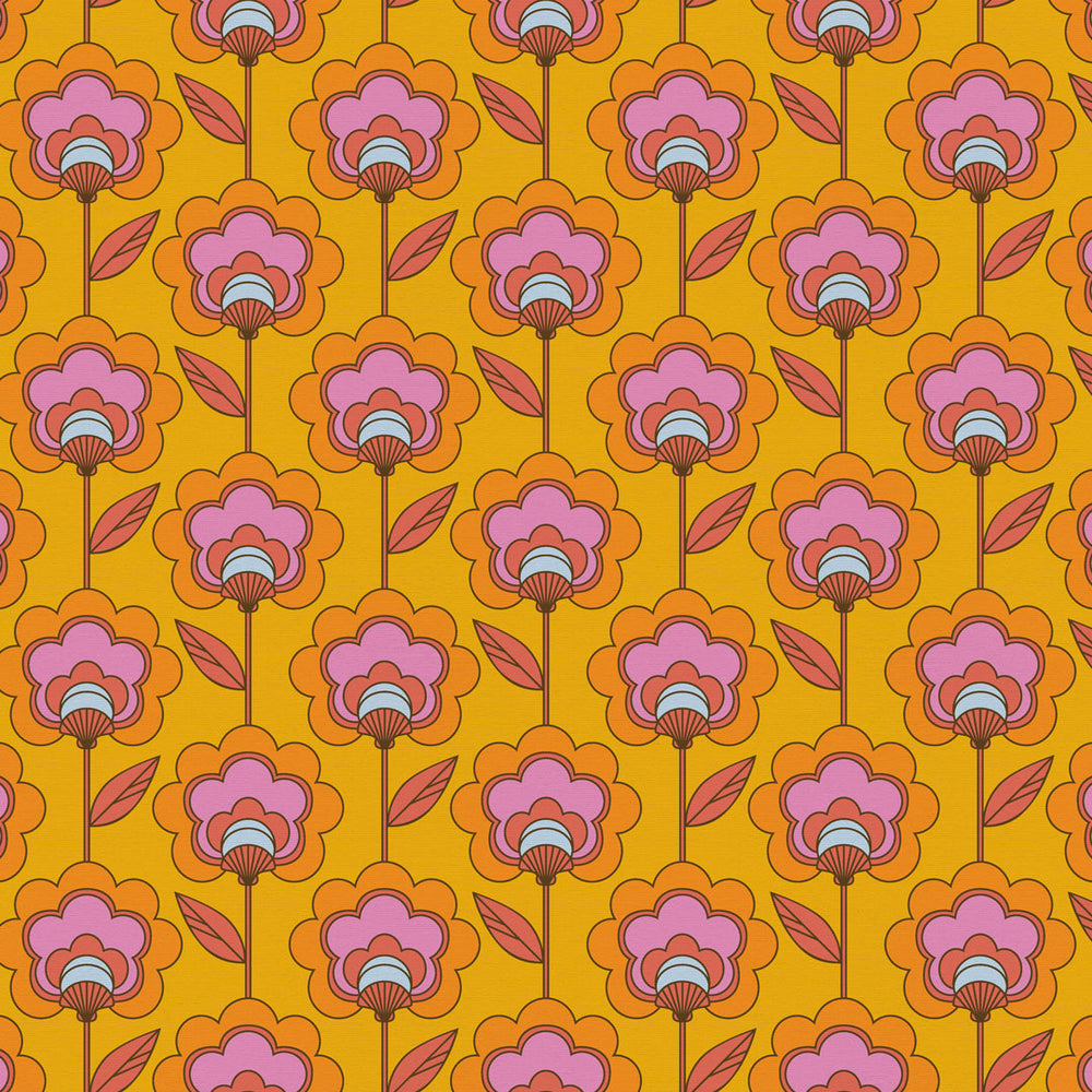 Sample of Happy Glamper Wallpaper in Clementine and Magenta