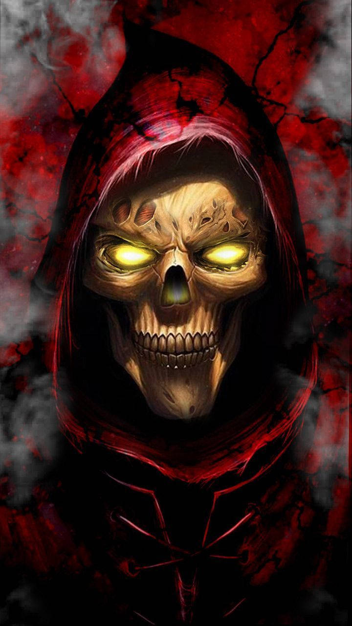 Download Gangster Skeleton Wearing Red Hood Wallpaper