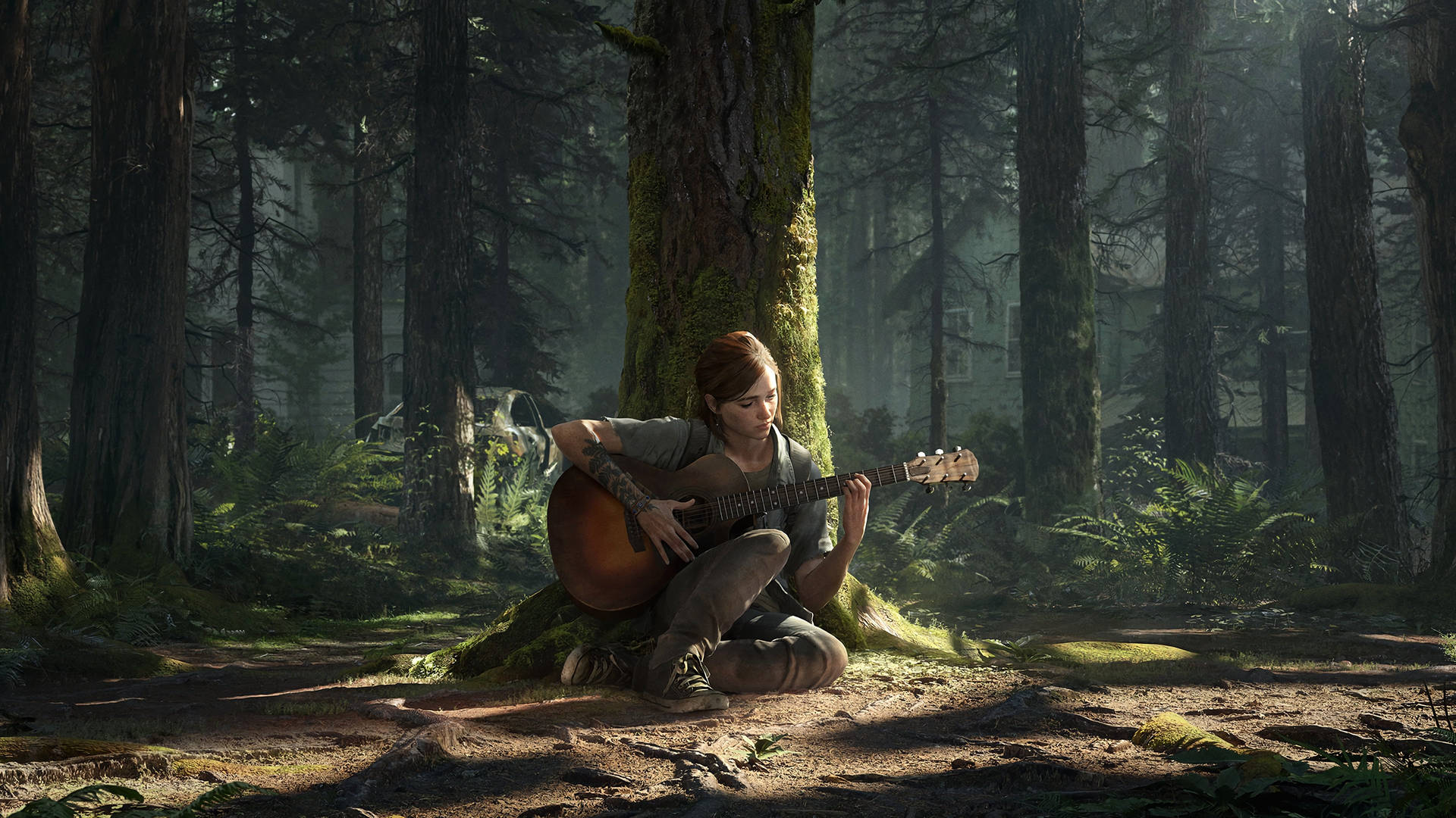 Download Ellie Strumming Guitar In Woods The Last Of Us 4K Wallpaper