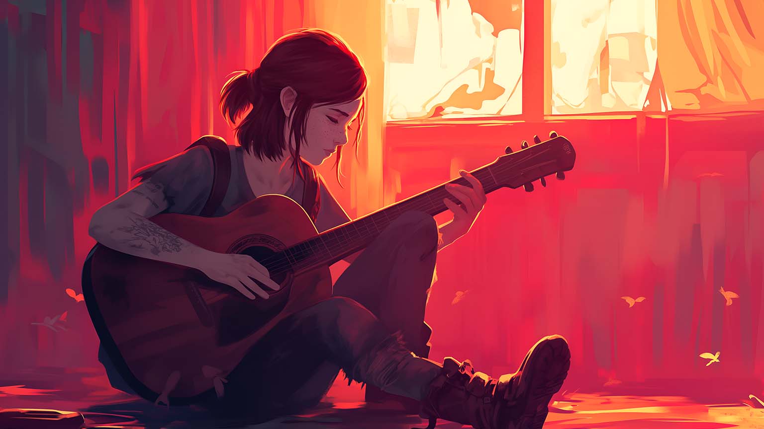 Last of Us Ellie Red Guitar Desktop Wallpaper in 4K