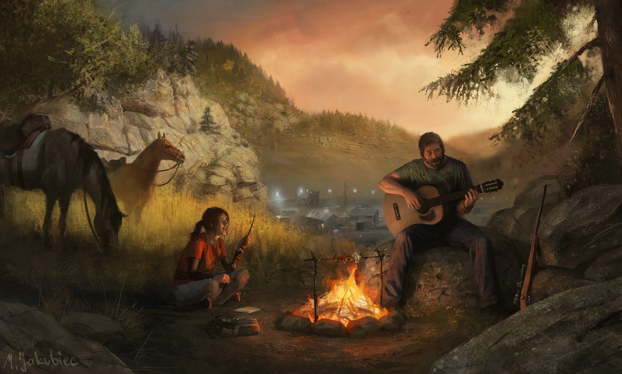 Wallpaper lights, horse, guitar, the evening, the fire, Ellie, Joel, Ellie for mobile and desktop, section игры, resolution 2000x1205