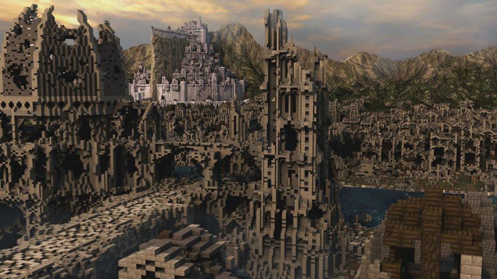 Download Stunning Minecraft Castle Overlooking a Sunrise Wallpaper