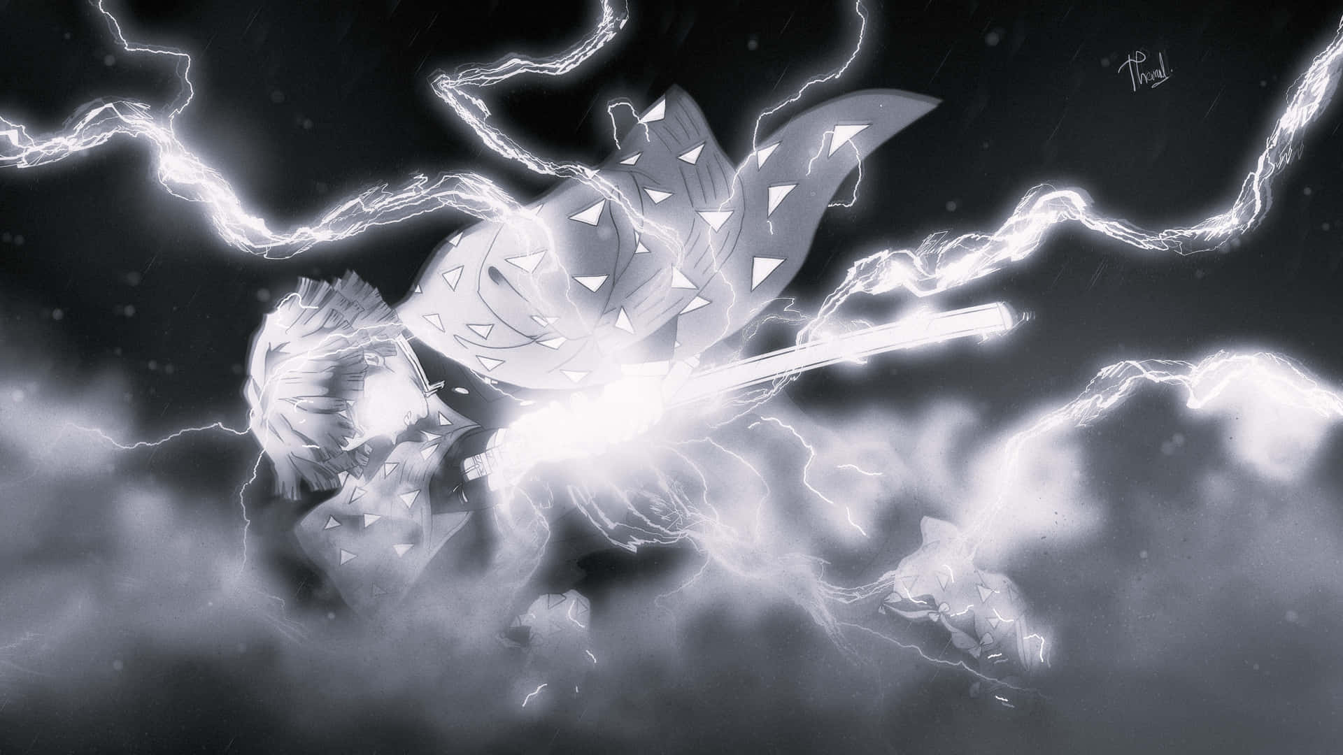 Download Zenitsu (first Form) Fanart Slayer (b&w) Wallpaper