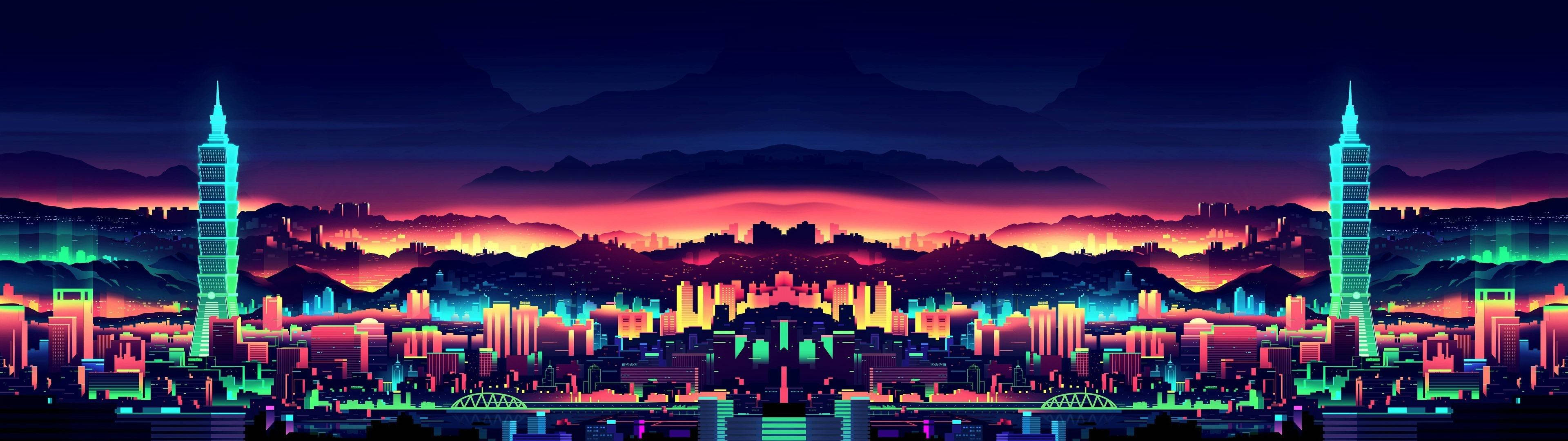 Download Vibrant City Panorama in Dual Monitor Display Wallpaper