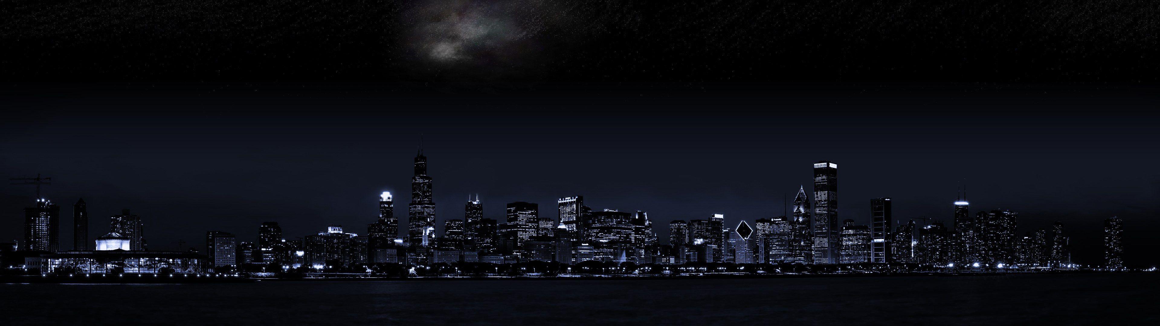 Wallpaper night city, dual monitor, the dark background for mobile and desktop, section город, resolution 3840x1080
